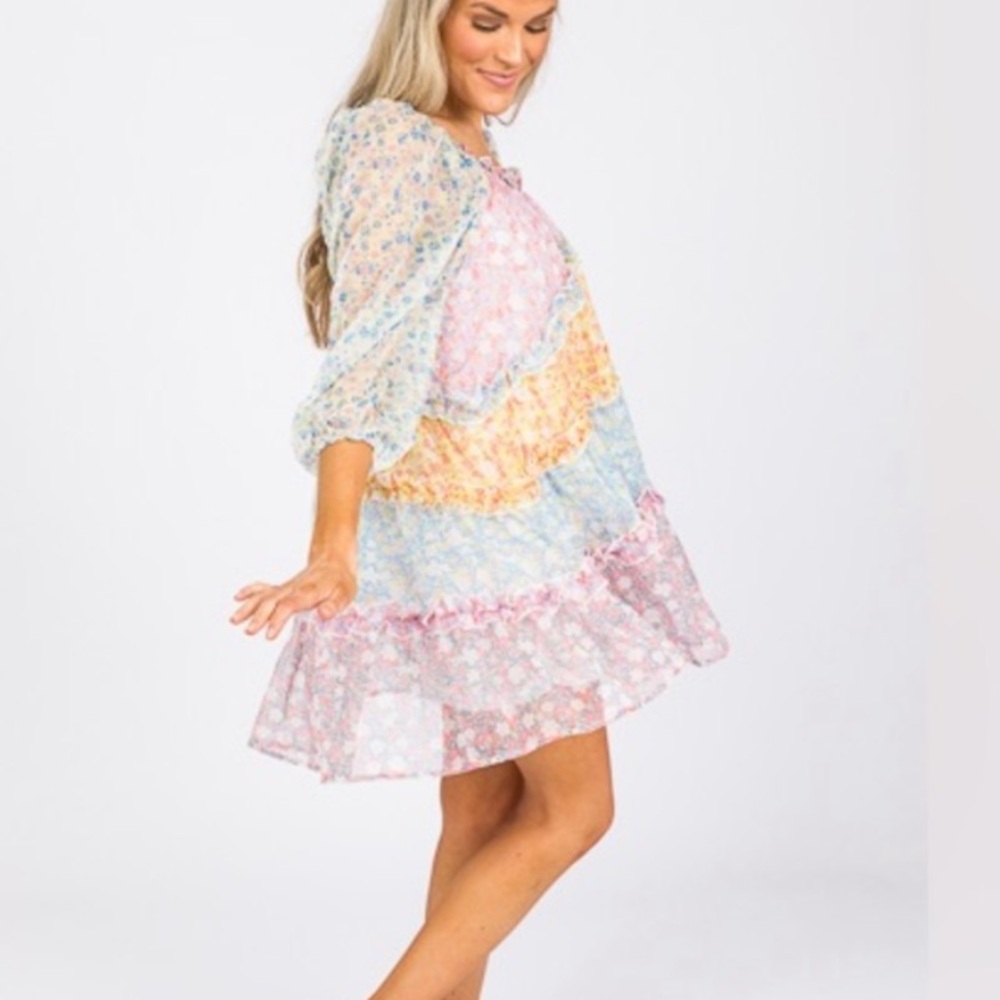 Love Colette Maisie Mini Cottage Babydoll Patchwork Floral Off-Shoulder L Dress - Picture 6 of 13